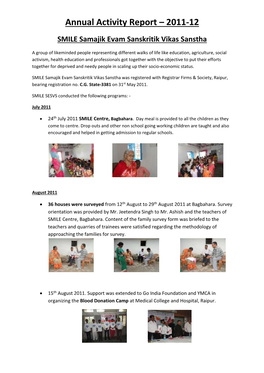 Annual Activity Report – 2011-12 SMILE Samajik Evam Sanskritik Vikas Sanstha
