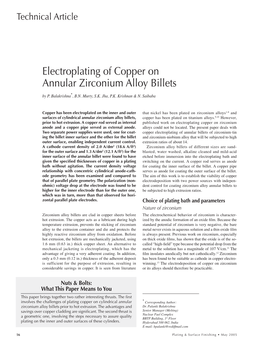 Electroplating of Copper on Annular Zirconium Alloy Billets
