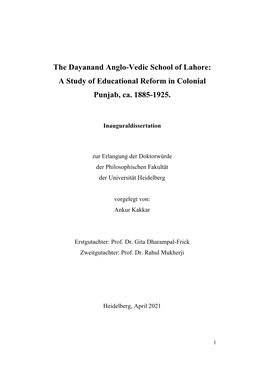 The Dayanand Anglo-Vedic School of Lahore: a Study of Educational Reform in Colonial Punjab, Ca