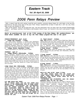 Eastern Track 2006 Penn Relays Preview Page 1 12.College Women’S 4X100 (Heats) 12:55Pm Running for Winslow Township,NJ(M)