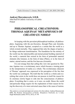 Thomas Aquinas' Metaphysics of Creatio Ex Nihilo