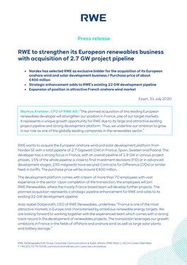 RWE to Strengthen Its European Renewables Business with Acquisition of 2.7 GW Project Pipeline