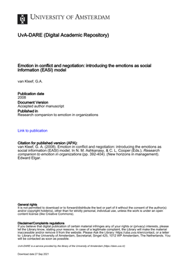 Emotion in Conflict and Negotiation: Introducing the Emotions As Social Information (EASI) Model Van Kleef, G.A