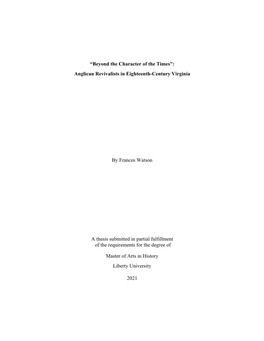 “Beyond the Character of the Times”: Anglican Revivalists in Eighteenth-Century Virginia