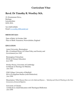 Curriculum Vitae Revd. Dr Timothy R. Woolley