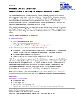 Measles Clinical Guidance: Identification & Testing of Suspect Measles Cases