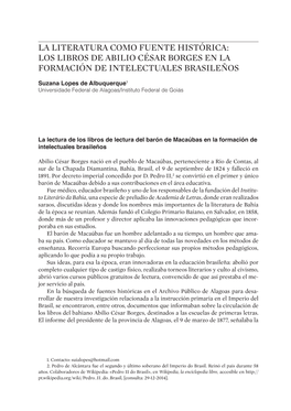 La Literatura Como Fuente Histórica: Los Libros De Abilio César Borges En La Formación De Intelectuales Brasileños