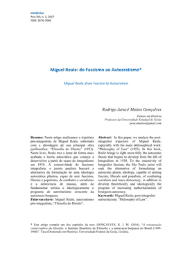 Miguel Reale: Do Fascismo Ao Autocratismo*