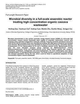 Microbial Diversity in a Full-Scale Anaerobic Reactor Treating High Concentration Organic Cassava Wastewater