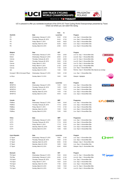 UCI Is Pleased to Offer You Worldwide Broadcast of the 2019 UCI Track Cycling World Championships Presented by Tissot