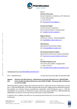 Spett.Le Comune Di Roccaraso Servizio Urbanistica E Ambiente, LL.PP