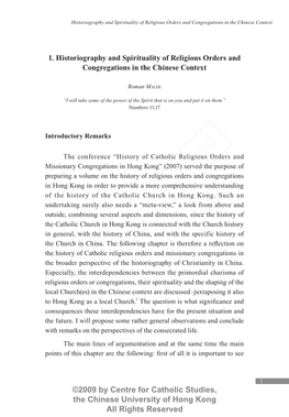 1. Historiography and Spirituality of Religious Orders and Congregations in the Chinese Context