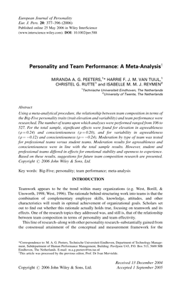 Personality and Team Performance: a Meta-Analysisy