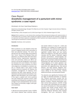 Case Report Anesthetic Management of a Parturient with Mirror Syndrome: a Case Report