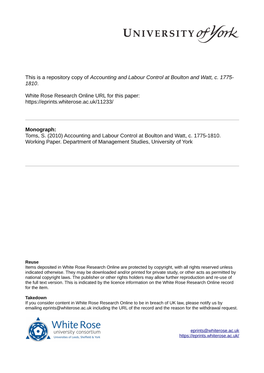 Accounting and Labour Control at Boulton and Watt, C. 1775-1810