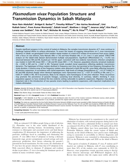 Plasmodium Vivax Population Structure and Transmission Dynamics in Sabah Malaysia