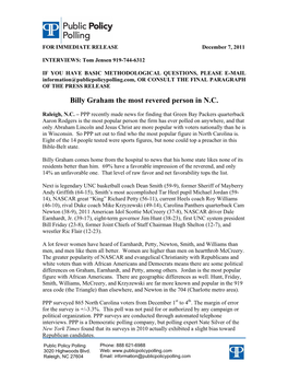 Billy Graham the Most Revered Person in N.C