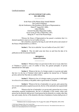 Unofficial Translation ACT on CONFLICT of LAWS, B.E. 2481 (1938) in the Name of His Majesty King Ananda Mahidol: the Council Of