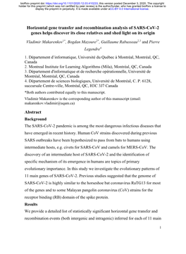 Horizontal Gene Transfer and Recombination Analysis of SARS-Cov-2 Genes Helps Discover Its Close Relatives and Shed Light on Its Origin