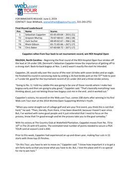 FOR IMMEDIATE RELEASE: June 2, 2019 CONTACT: Sean Wildhack, Seanwildhack@Pgatourhq.Com, 315-243-2751