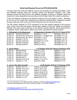 SCRIPTURE READING PLAN for 5779 (2018-2019) This Plan Takes the Torah and Haftarah Cycle As the Foundation for Reading Entire Bible