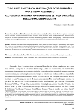 Aproximações Entre Guimarães Rosa E Milton Nascimento All Together and Mixed: Approximations Between Guimarães Rosa and Milton Nascimento
