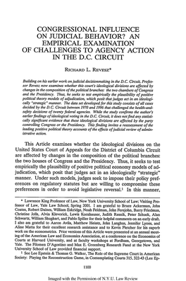 Congressional Influence on Judicial Behavior? an Empirical Examination of Challenges to Agency Action in the D.C