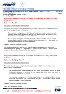 Stewards Summary of Judicial Outcomes