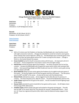 Chicago Blackhawks Postgame Notes – March 4 at Nashville Predators Regular-Season Game 65, Away Game 31