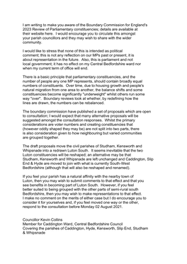 I Am Writing to Make You Aware of the Boundary Commission for England's 2023 Review of Parliamentary Constituencies; Details Are Available at Their Website Here