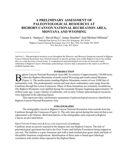 A Preliminary Assessment of Paleontological Resources at Bighorn Canyon National Recreation Area, Montana and Wyoming