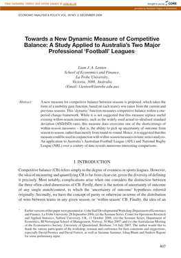 Towards a New Dynamic Measure of Competitive Balance: a Study Applied to Australia's Two Major Professional 'Football'