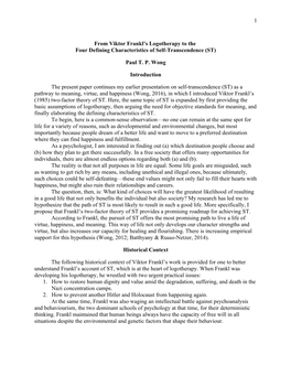 1 from Viktor Frankl's Logotherapy to the Four Defining Characteristics of Self-Transcendence (ST) Paul T. P. Wong Introductio