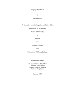 Tragedy After Darwin by Manya Lempert a Dissertation Submitted In