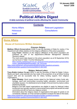 Political Affairs Digest a Daily Summary of Political Events Affecting the Jewish Community