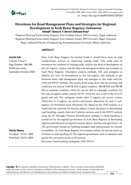 Directions for Road Management Plans and Strategies for Regional Development in Aceh Besar Regency, Indonesia Irhamdi*1, Santun R