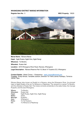 WHANGANUI DISTRICT MARAE INFORMATION Register Item No: 5 WDC Property: 18029