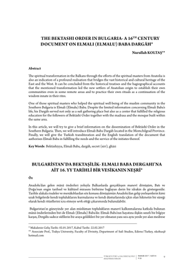 THE BEKTASHI ORDER in BULGARIA- a 16TH CENTURY DOCUMENT on ELMALI (ELMALU) BABA DARGĀH* Nurullah KOLTAŞ**