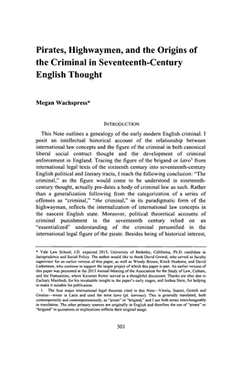 Pirates, Highwaymen, and the Origins of the Criminal in Seventeenth-Century English Thought