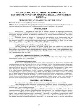 Phytocoenological, Histo – Anatomical and Biochimical Aspects in Rhodiola Rosea L