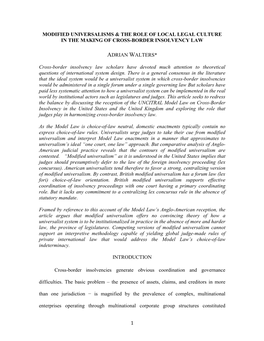 1 Modified Universalisms & the Role of Local Legal Culture in the Making of Cross-Border Insolvency Law Adrian Walters*