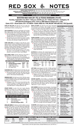 BOSTON RED SOX (81-75) at TEXAS RANGERS (75-81) Tuesday, September 24, 2019 • 7:05 P.M