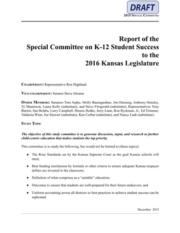 Report of the Special Committee on K-12 Student Success to the 2016 Kansas Legislature