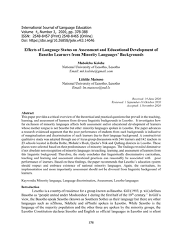 Effects of Language Status on Assessment and Educational Development of Basotho Learners from Minority Languages' Backgrounds