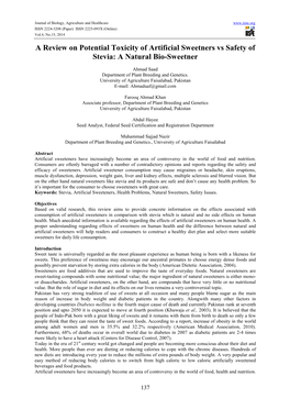 A Review on Potential Toxicity of Artificial Sweetners Vs Safety of Stevia: a Natural Bio-Sweetner