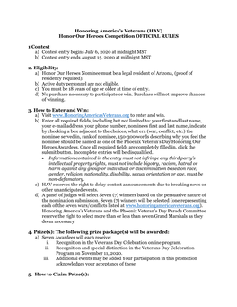 Honoring America's Veterans (HAV) Honor Our Heroes Competition OFFICIAL RULES 1 Contest A) Contest Entry Begins July 6, 2020