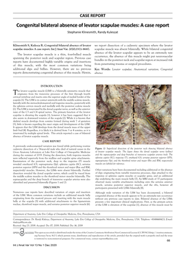 Congenital Bilateral Absence of Levator Scapulae Muscles: a Case Report Stephanie Klinesmith, Randy Kuleszat