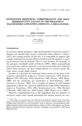 Oviposition Resources, Territoriality and Male Reproductive Tactics in the Dragonfly Paltothemis Lineatipes (Odonata: Libellulidae)