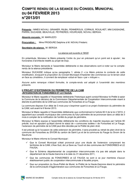 Compte Rendu De La Seance Du Conseil Municipal Du 04 Fevrier 2013 N°2013/01