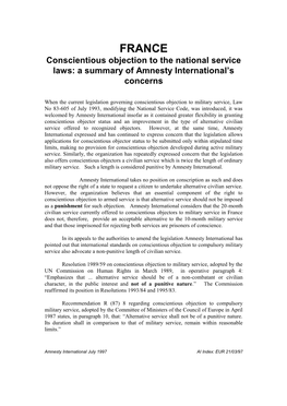 FRANCE Conscientious Objection to the National Service Laws: a Summary of Amnesty International’S Concerns